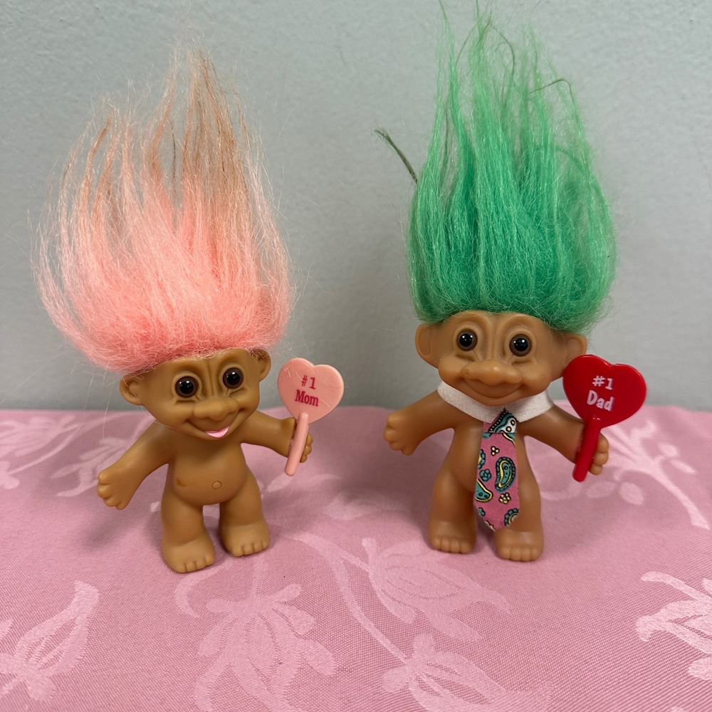 Vintage Russ Berrie Troll Dolls Set #1 Mom Pink Hair #1 Dad Green Hair